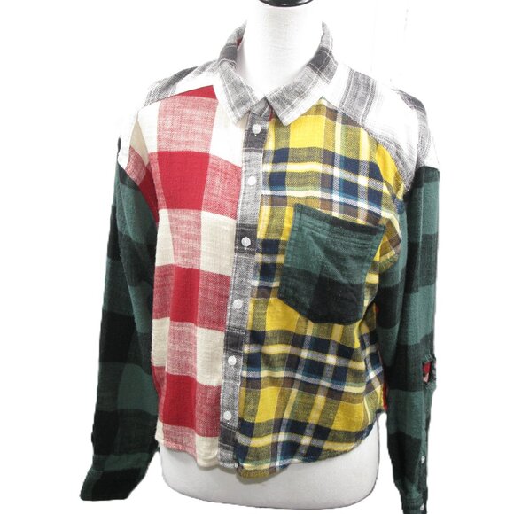 American Eagle Color Block Cropped Button Front Flannel Top Size Medium - Picture 1 of 7